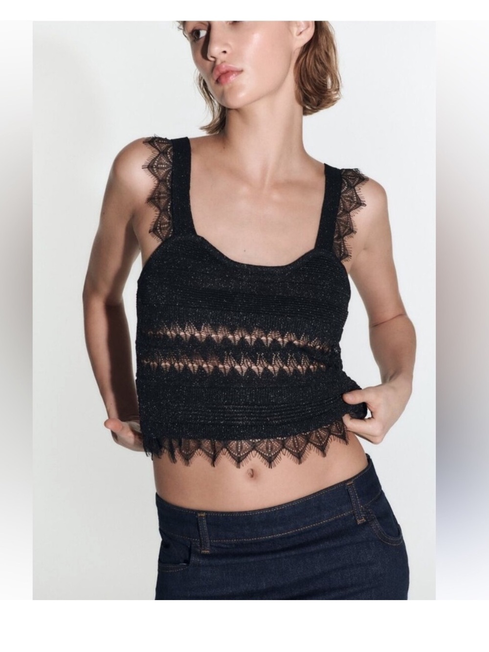 Zara Black Lace-Trim Knit Camisole